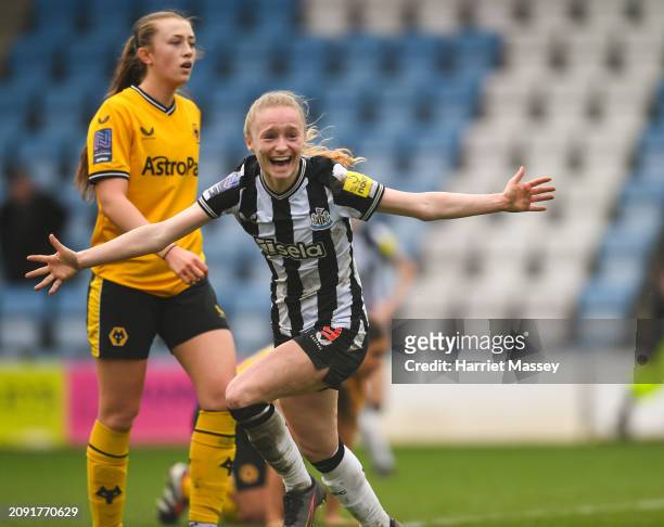 Katie Barker of Newcastle United celebrates scoring the winning goal for her side after being two goals down during the FAWNL Northern Premier...