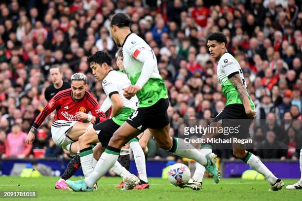 Antony of Manchester United scores his team's second goal during the Emirates FA Cup Quarter Final between Manchester United and Liverpool FC at Old...