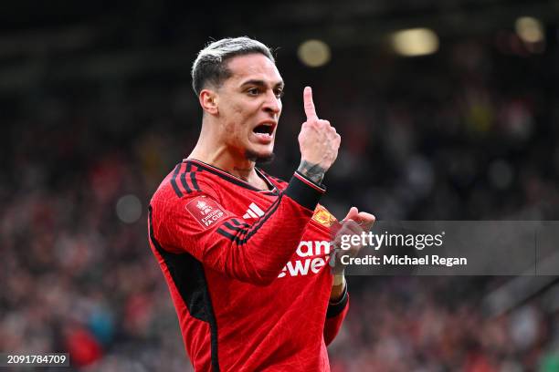 Antony of Manchester United celebrates scoring his team's second goal during the Emirates FA Cup Quarter Final between Manchester United and...