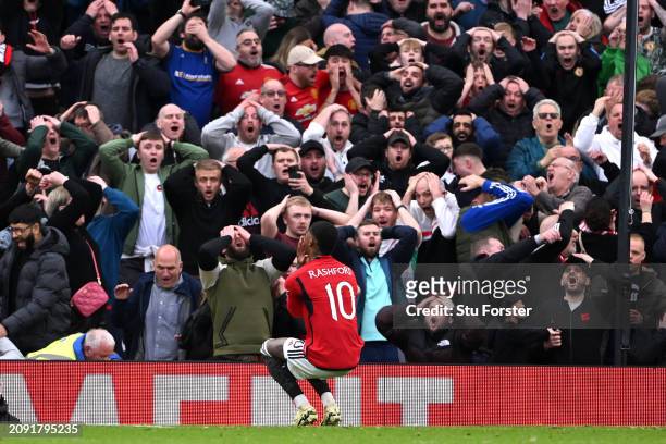 Marcus Rashford of Manchester United and fans of Manchester United react after missing a opportunity in the last minute during the Emirates FA Cup...