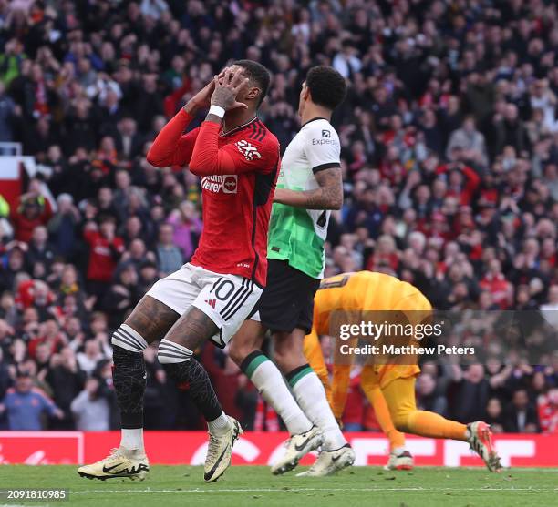 Marcus Rashford of Manchester United reacts to a missed chance during the Emirates FA Cup Quarter Final match between Manchester United and Liverpool...