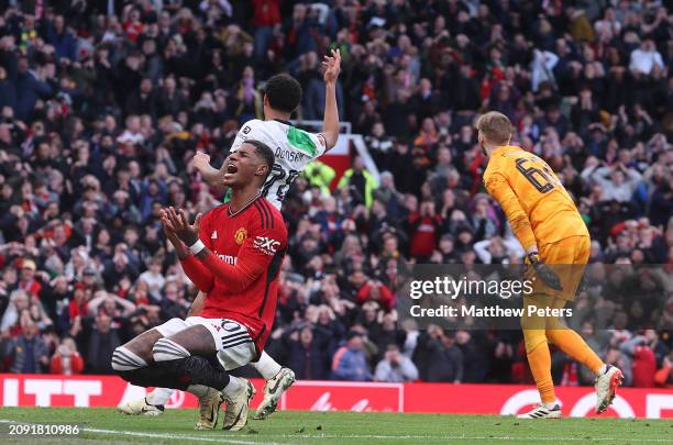 Marcus Rashford of Manchester United reacts to a missed chance during the Emirates FA Cup Quarter Final match between Manchester United and Liverpool...