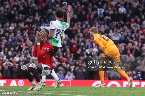 Marcus Rashford of Manchester United reacts to a missed chance during the Emirates FA Cup Quarter Final match between Manchester United and Liverpool...