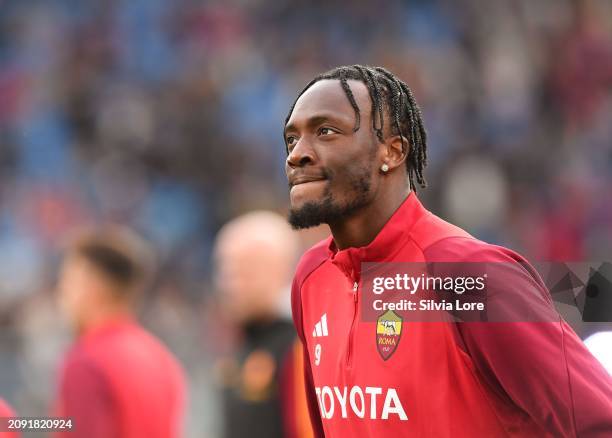 Tammy Abraham of AS Roma getsures prior the Serie A TIM match between AS Roma and US Sassuolo at Stadio Olimpico on March 17, 2024 in Rome, Italy.