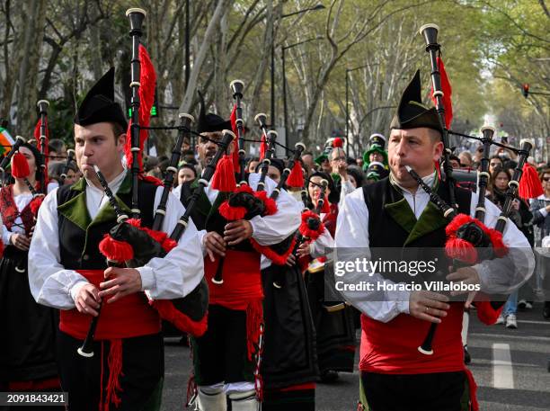 Pipers of "Banda de Gaites de Corvera d´Asturies" bagpipe band play during the first Saint Patrick's Day Parade from Avenida da Liberdade to Praça do...