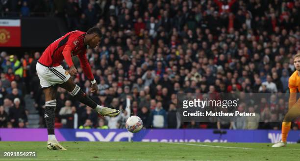 Marcus Rashford of Manchester United scores their third goal during the Emirates FA Cup Quarter Final match between Manchester United and Liverpool...