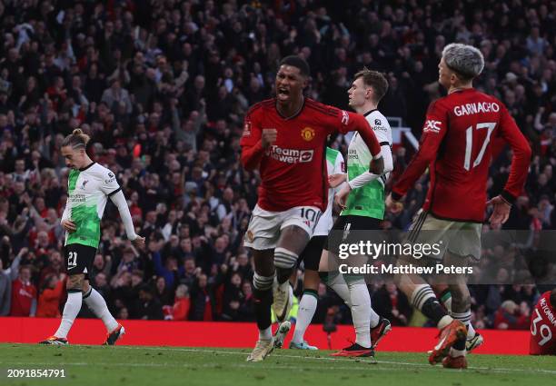 Marcus Rashford of Manchester United celebrates scoring their third goal during the Emirates FA Cup Quarter Final match between Manchester United and...