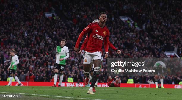 Marcus Rashford of Manchester United celebrates scoring their third goal during the Emirates FA Cup Quarter Final match between Manchester United and...