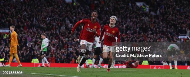 Marcus Rashford of Manchester United celebrates scoring their third goal during the Emirates FA Cup Quarter Final match between Manchester United and...
