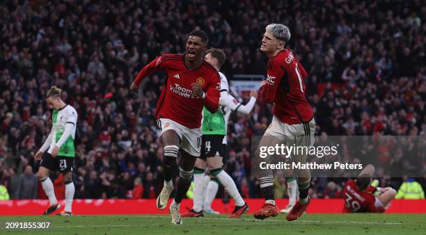 Marcus Rashford of Manchester United celebrates scoring their third goal during the Emirates FA Cup Quarter Final match between Manchester United and...