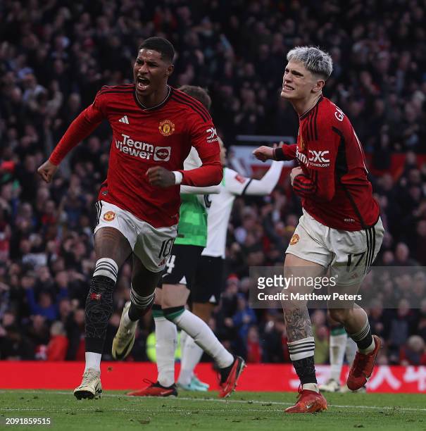 Marcus Rashford of Manchester United celebrates scoring their third goal during the Emirates FA Cup Quarter Final match between Manchester United and...