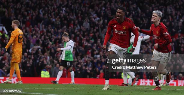 Marcus Rashford of Manchester United celebrates scoring their third goal during the Emirates FA Cup Quarter Final match between Manchester United and...