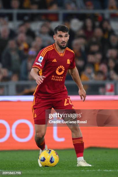 Roma player Houssem Aouar in action during the Serie A TIM match between AS Roma and US Sassuolo at Stadio Olimpico on March 17, 2024 in Rome, Italy.