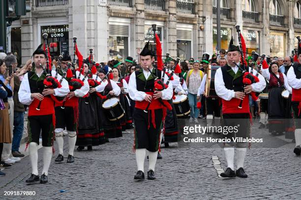 Pipers of "Banda de Gaites de Corvera d´Asturies" bagpipe band play during the first Saint Patrick's Day Parade from Avenida da Liberdade to Praça do...