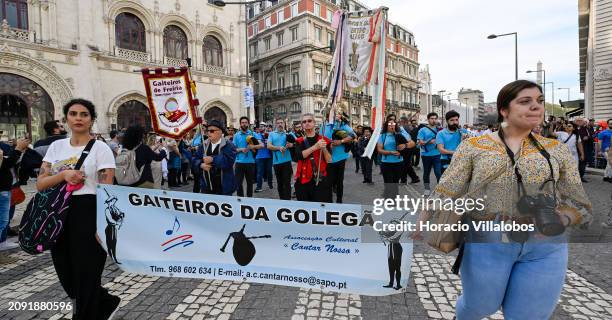 Pipers of "Gaiteros da Golega´" bagpipe band play during the first Saint Patrick's Day Parade from Avenida da Liberdade to Praça do Comercio in...