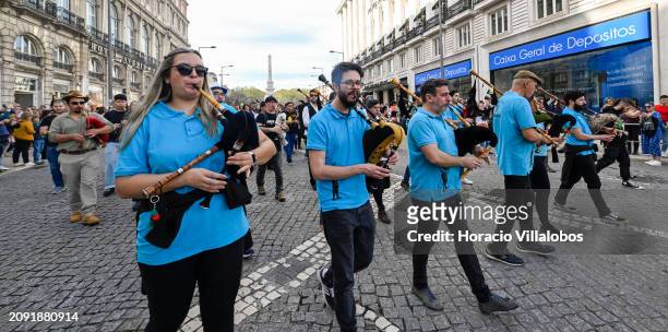 Pipers of "Gaiteros da Goleg´" bagpipe band play during the first Saint Patrick's Day Parade from Avenida da Liberdade to Praça do Comercio in...