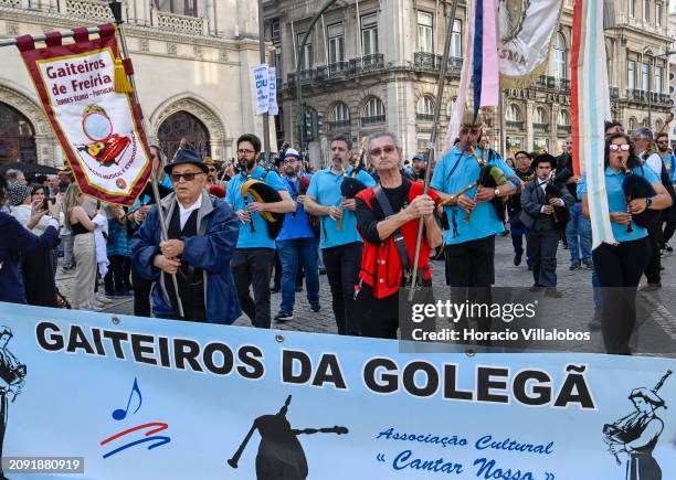 Pipers of "Gaiteros da Goleg´" bagpipe band play during the first Saint Patrick's Day Parade from Avenida da Liberdade to Praça do Comercio in...