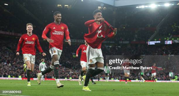 Amad of Manchester United celebrates scoring their fourth goal during the Emirates FA Cup Quarter Final match between Manchester United and Liverpool...