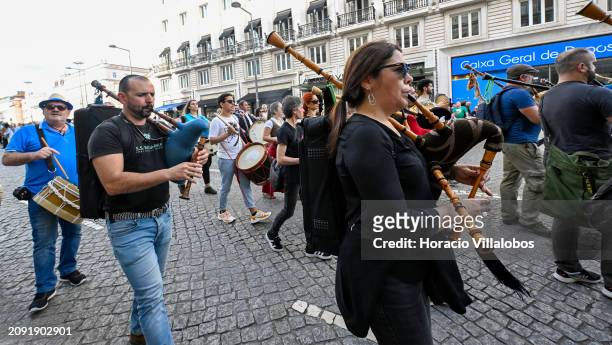 Pipers play during the first Saint Patrick's Day Parade from Avenida da Liberdade to Praça do Comercio in celebration of Irish culture and of St....
