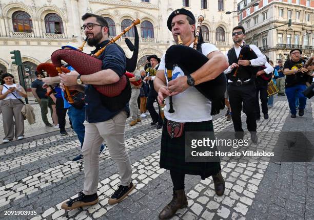 Pipers play during the first Saint Patrick's Day Parade from Avenida da Liberdade to Praça do Comercio in celebration of Irish culture and of St....