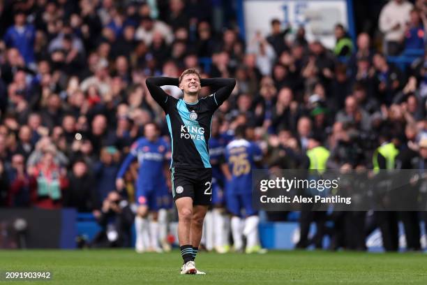 Kiernan Dewsbury-Hall of Leicester City reacts to Chelseas fourth goal during the Emirates FA Cup Quarter Final between Chelsea FC v Leicester City...