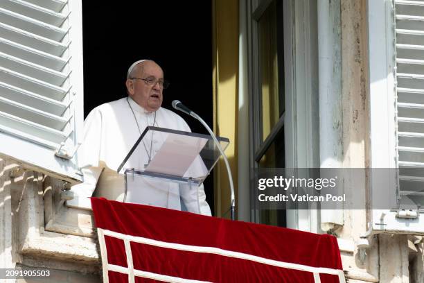 Pope Francis delivers his Sunday Angelus blessing from his studio overlooking St. Peter's Square on March 17, 2024 in Vatican City, Vatican....