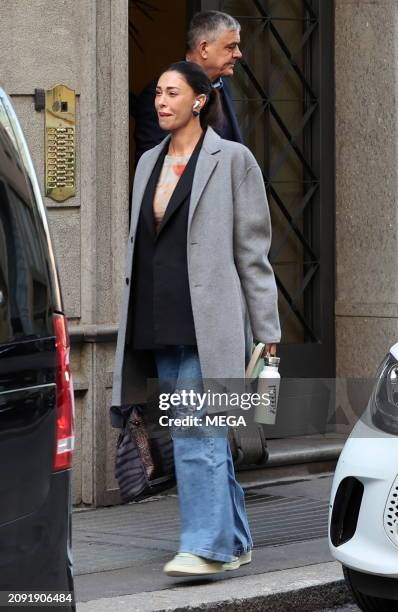 Belen Rodriguez is seen arriving at Milan Airport on March 19, 2024 in Milan, Italy.