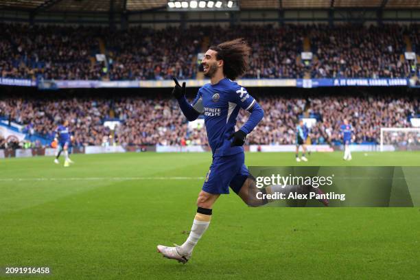 Marc Cucurella of Chelsea celebrates after scoring his sides first goal during the Emirates FA Cup Quarter Final between Chelsea FC v Leicester City...
