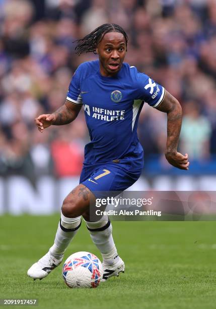 Raheem Sterling of Chelsea during the Emirates FA Cup Quarter Final between Chelsea FC v Leicester City at Stamford Bridge on March 17, 2024 in...