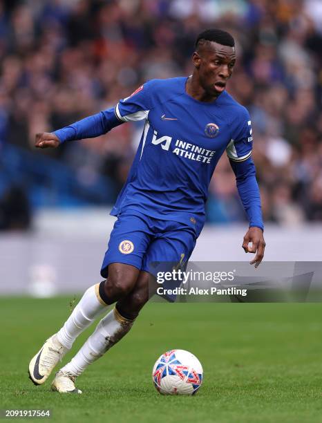 Nicolas Jackson of Chelsea during the Emirates FA Cup Quarter Final between Chelsea FC v Leicester City at Stamford Bridge on March 17, 2024 in...