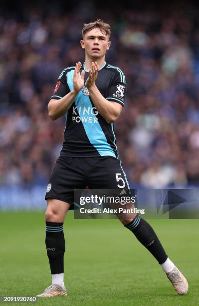 Callum Doyle of Leicester City during the Emirates FA Cup Quarter Final between Chelsea FC v Leicester City at Stamford Bridge on March 17, 2024 in...