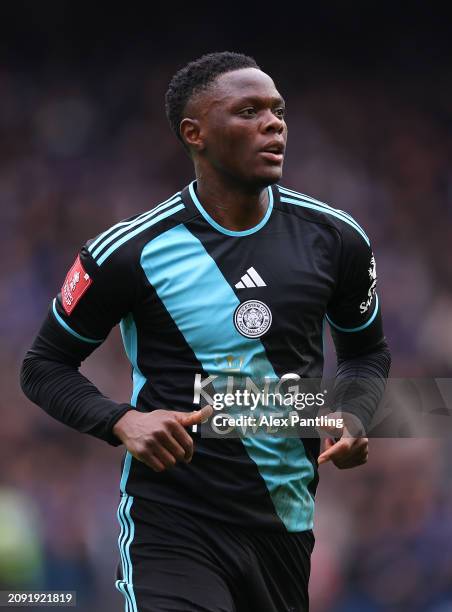 Patson Daka of Leicester City during the Emirates FA Cup Quarter Final between Chelsea FC v Leicester City at Stamford Bridge on March 17, 2024 in...