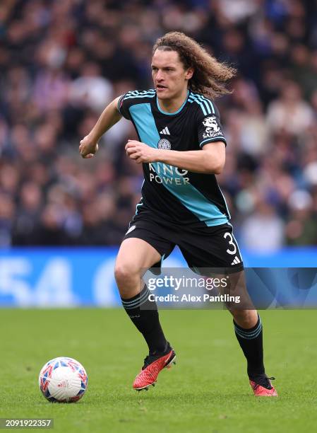 Wout Faes of Leicester City during the Emirates FA Cup Quarter Final between Chelsea FC v Leicester City at Stamford Bridge on March 17, 2024 in...