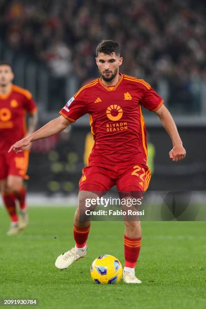 Houssem Aouar of AS Roma in action during the Serie A TIM match between AS Roma and US Sassuolo at Stadio Olimpico on March 17, 2024 in Rome, Italy.