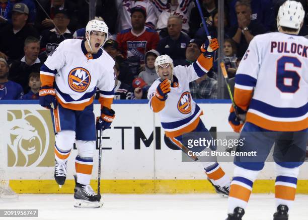 Bo Horvat of the New York Islanders celebrates his second period goal against the New York Rangers at Madison Square Garden on March 17, 2024 in New...
