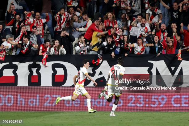 Sergio Camello of Rayo Vallecano celebrates scoring his team's second goal during the LaLiga EA Sports match between Rayo Vallecano and Real Betis at...