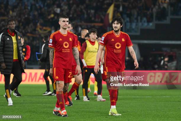 Roma players Gianluca Mancini and Sardar Azmoun after the Serie A TIM match between AS Roma and US Sassuolo at Stadio Olimpico on March 17, 2024 in...