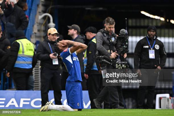 Carney Chukwuemeka of Chelsea celebrates after scoring during the Emirates FA Cup Quarter Final between Chelsea FC and Leicester City at Stamford...