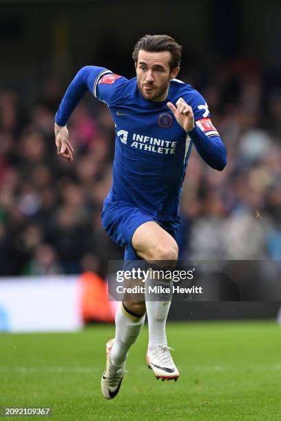 Ben Chilwell of Chelsea in action during the Emirates FA Cup Quarter Final between Chelsea FC and Leicester City at Stamford Bridge on March 17, 2024...