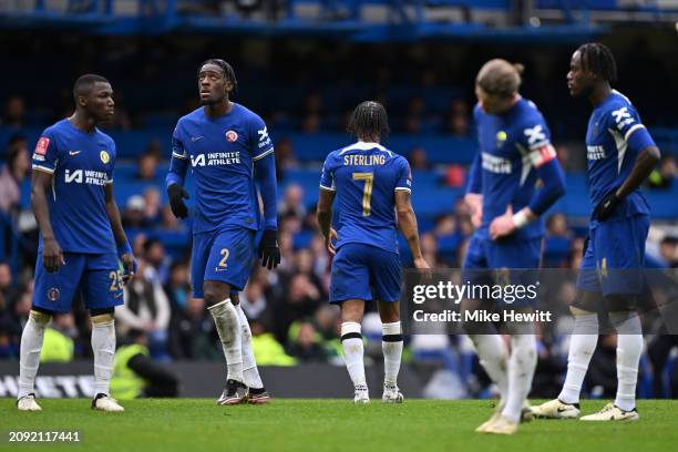 Raheem Sterling of Chelsea walks off after being substituted during the Emirates FA Cup Quarter Final between Chelsea FC and Leicester City at...