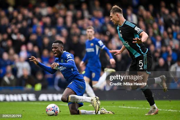 Callum Doyle of Leicester City is sent off for this foul on Nicolas Jackson of Chelsea during the Emirates FA Cup Quarter Final between Chelsea FC...