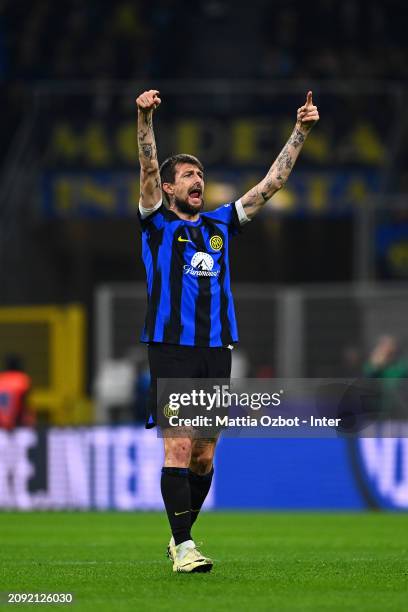 Francesci Acerbi of FC Internazionale, in action, reacts during the Serie A TIM match between FC Internazionale and SSC Napoli at Stadio Giuseppe...