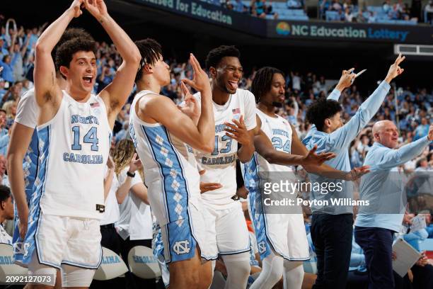 Jalen Washington of the North Carolina Tar Heels reacts during a game against the Notre Dame Fighting Irish on March 05, 2024 at the Dean Smith...
