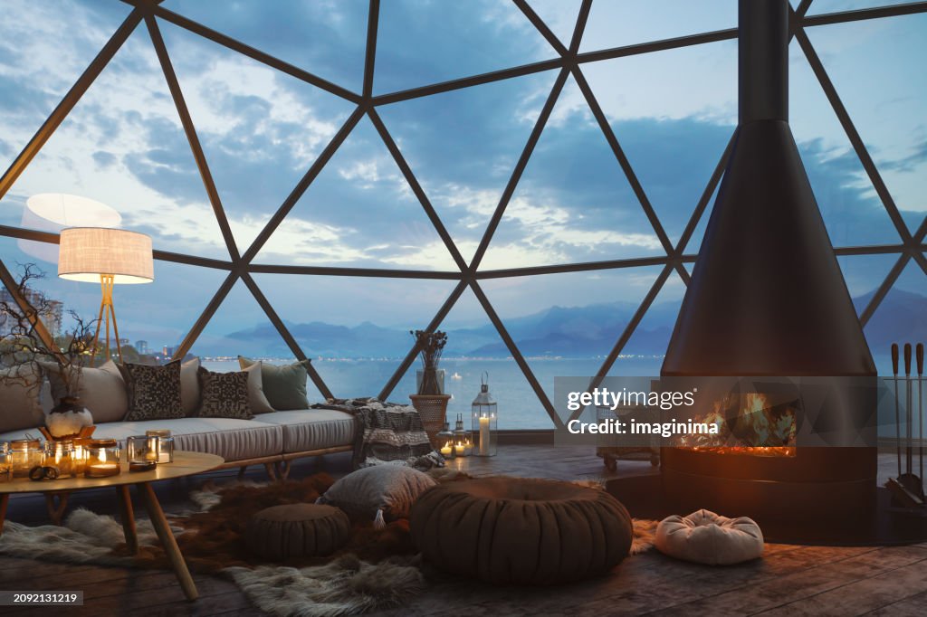 Geodesic Dome House Interior At Dusk