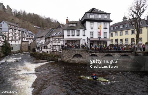 Malte Schuett of KC Fulda competes during the 66. International Whitewater Race Monschau on river Rur on March 17, 2024 in Monschau, Germany.