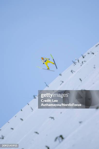 Noriaki Kasai of Japan competes during the FIS World Cup Ski Flying men Individual HS240 on March 17, 2024 in Vikersund, Norway.