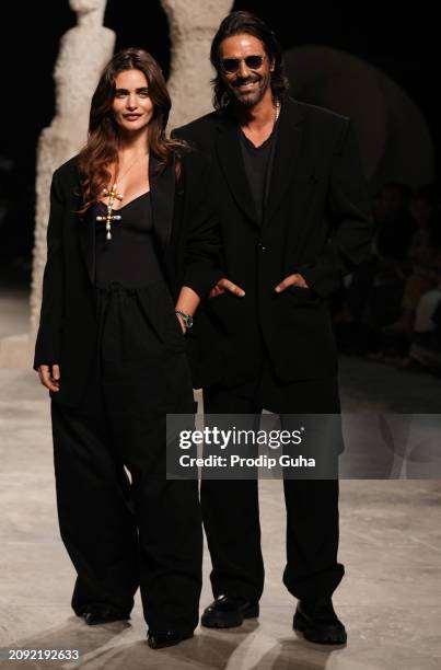 Gabriella Demetriades and Arjun Rampal attend the grand finale of Lakme Fashion Week on March 17, 2024 in Mumbai, India.