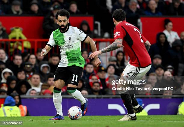 Mohamed Salah of Liverpool in action during the Emirates FA Cup Quarter Final at Old Trafford on March 17, 2024 in Manchester, England.