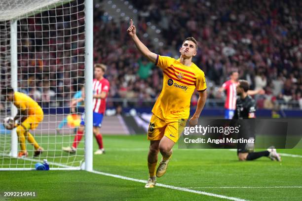 Fermin Lopez of FC Barcelona celebrates his team's second goal scored by teammate Robert Lewandowski during the LaLiga EA Sports match between...