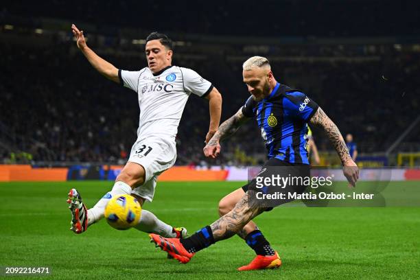 Federico Dimarco of FC Internazionale in action during the Serie A TIM match between FC Internazionale and SSC Napoli at Stadio Giuseppe Meazza on...